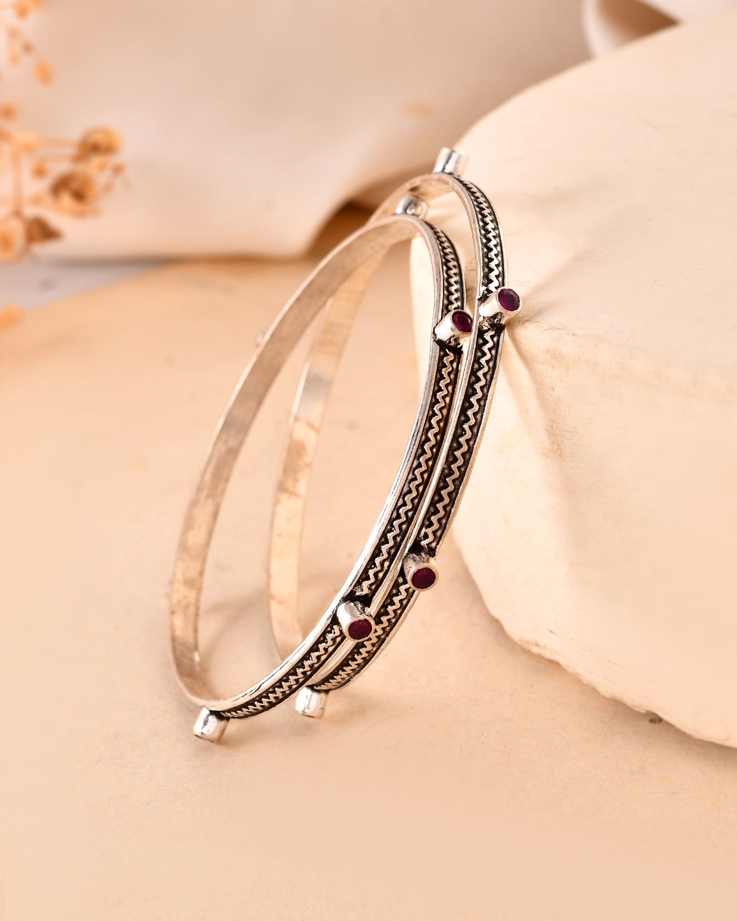 925 Sterling Silver Bangles with Purple Stone Accents – Oxidized Antique Finish