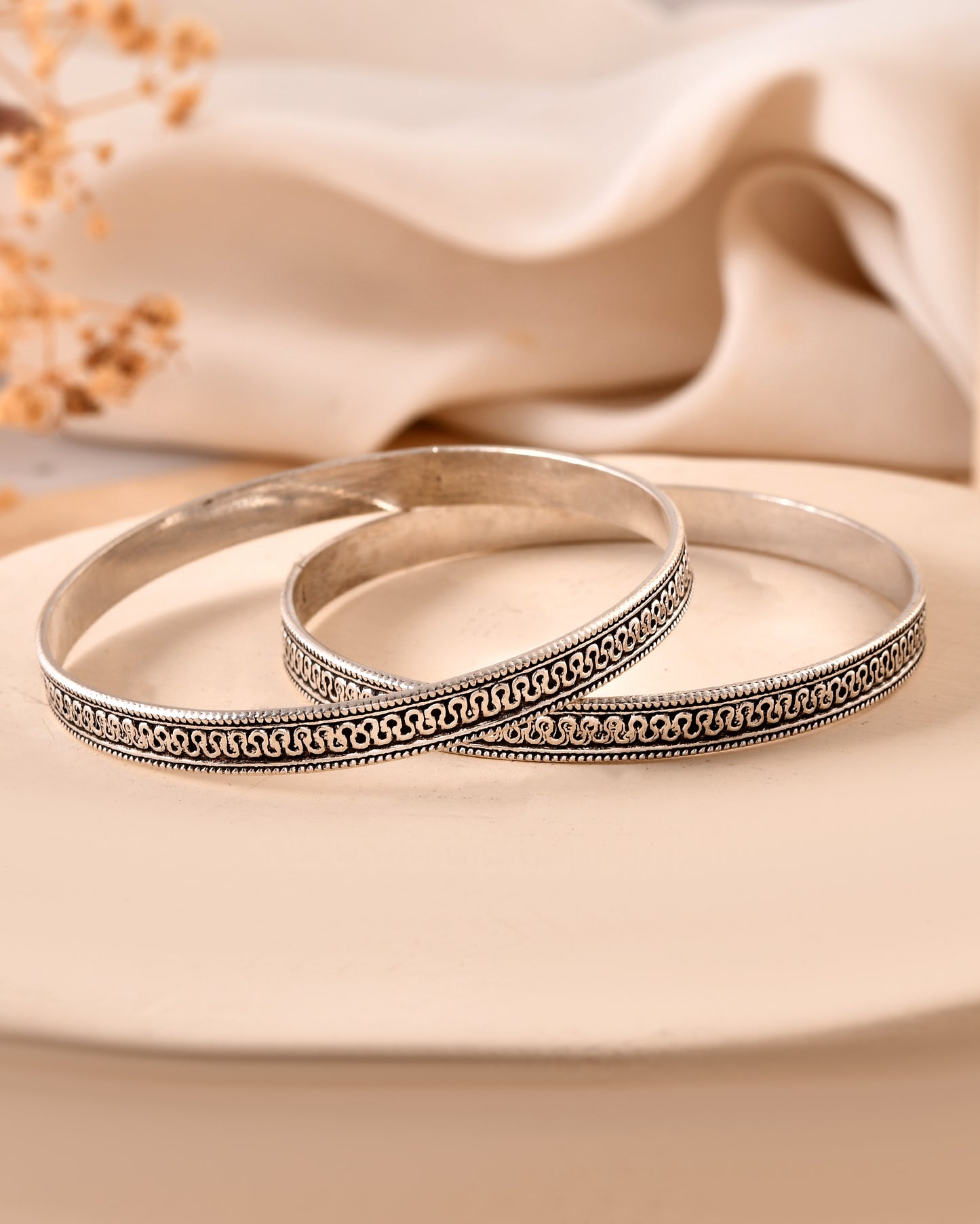 925 Sterling Silver Oxidized Chain Pattern Bangles – Traditional Indian Kada Set