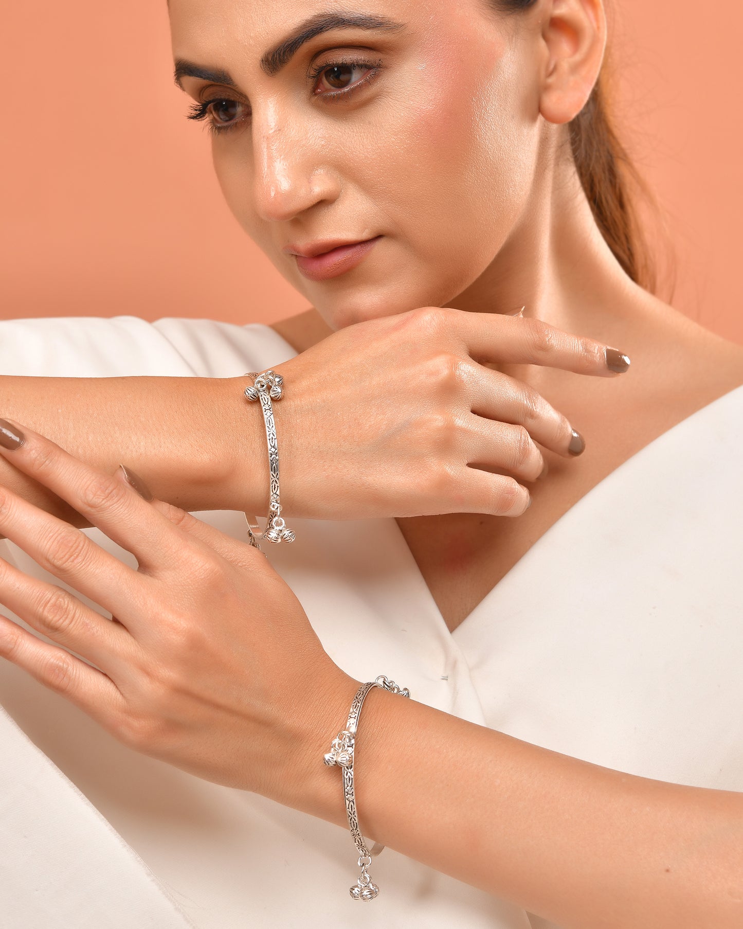 925 Sterling Silver Floral Pattern Anklets with Dangling Ghungroo Charms