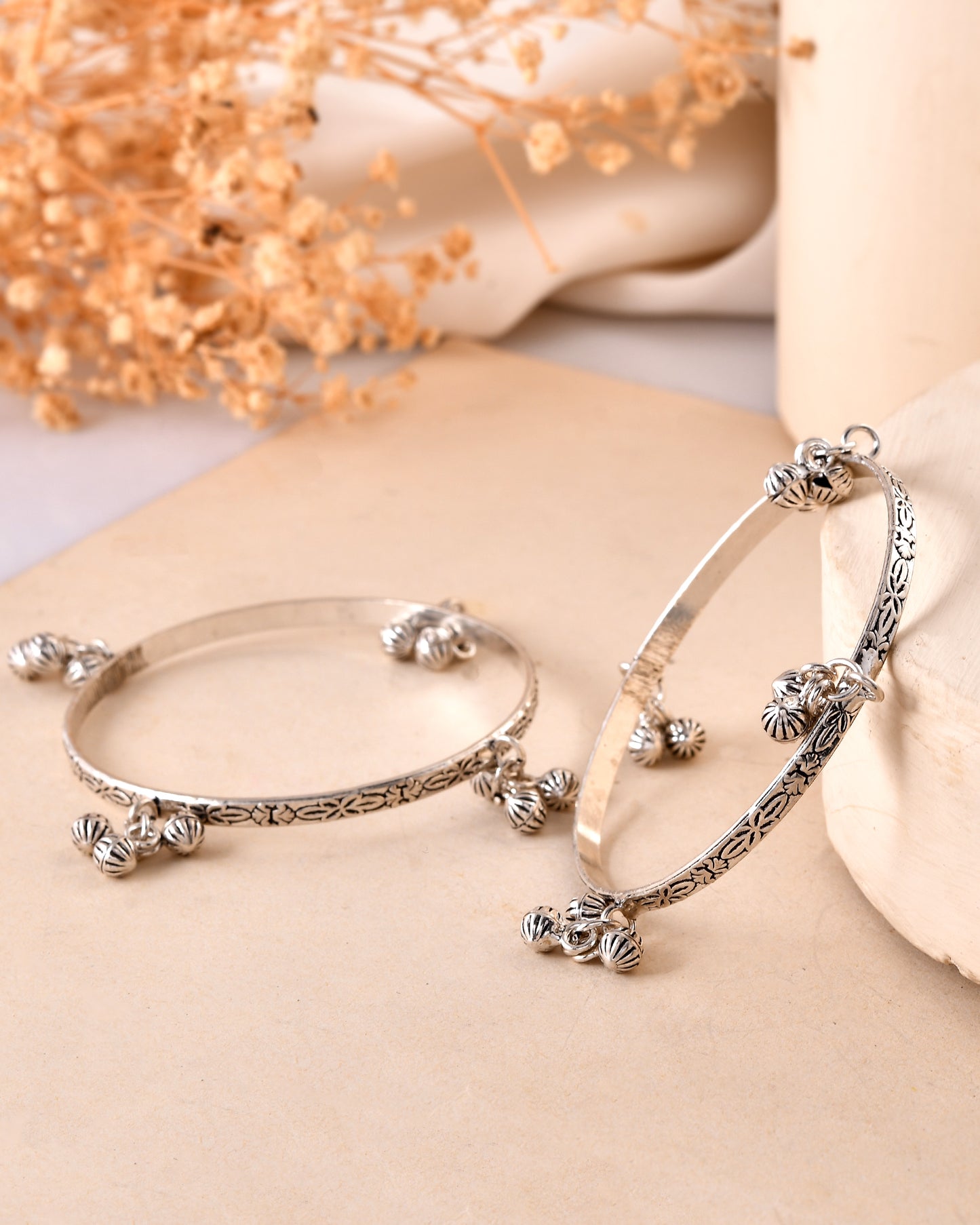 925 Sterling Silver Floral Pattern Anklets with Dangling Ghungroo Charms