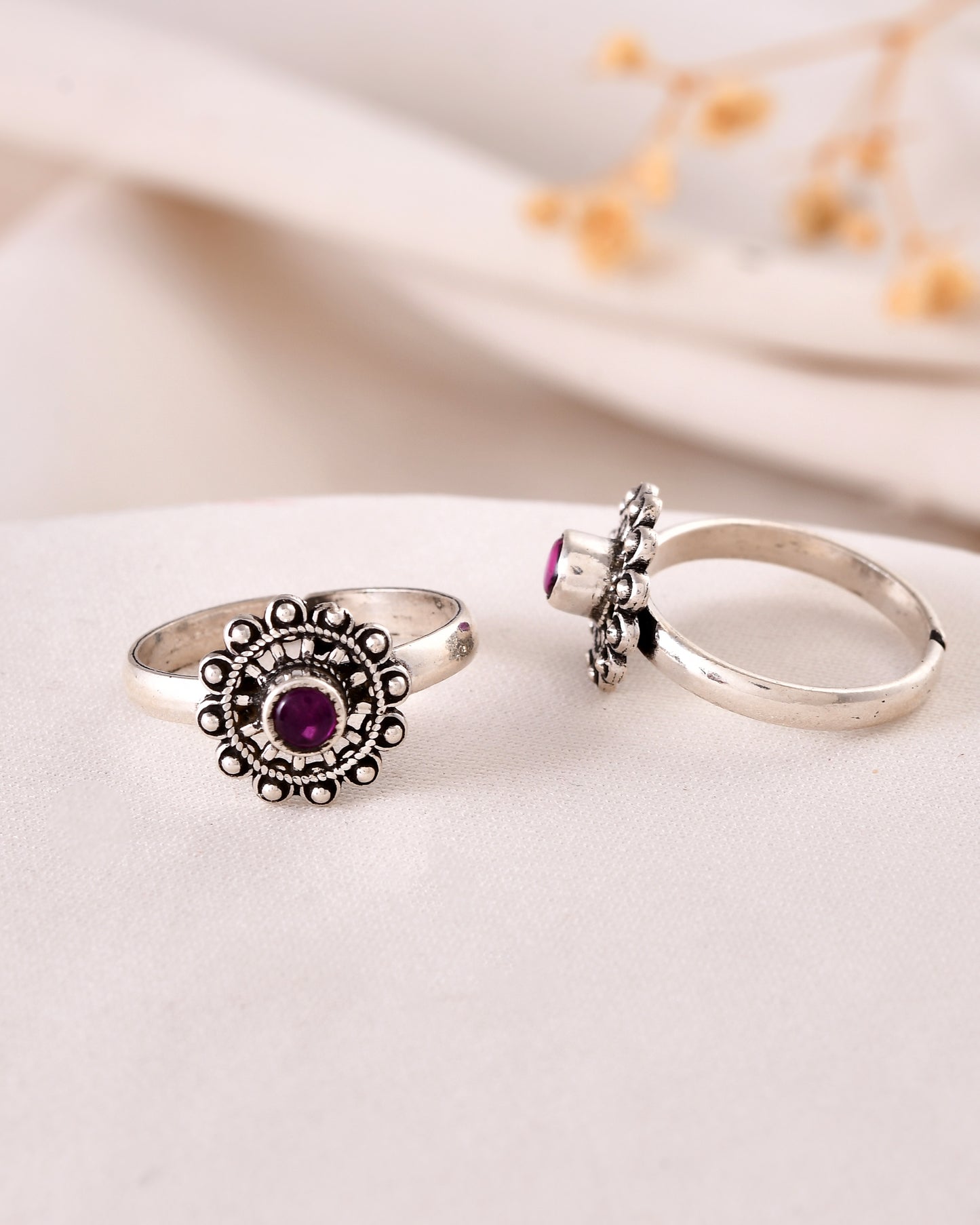 925 Silver Floral Toe Rings with Purple Stone – Adjustable Traditional Indian Jewelry