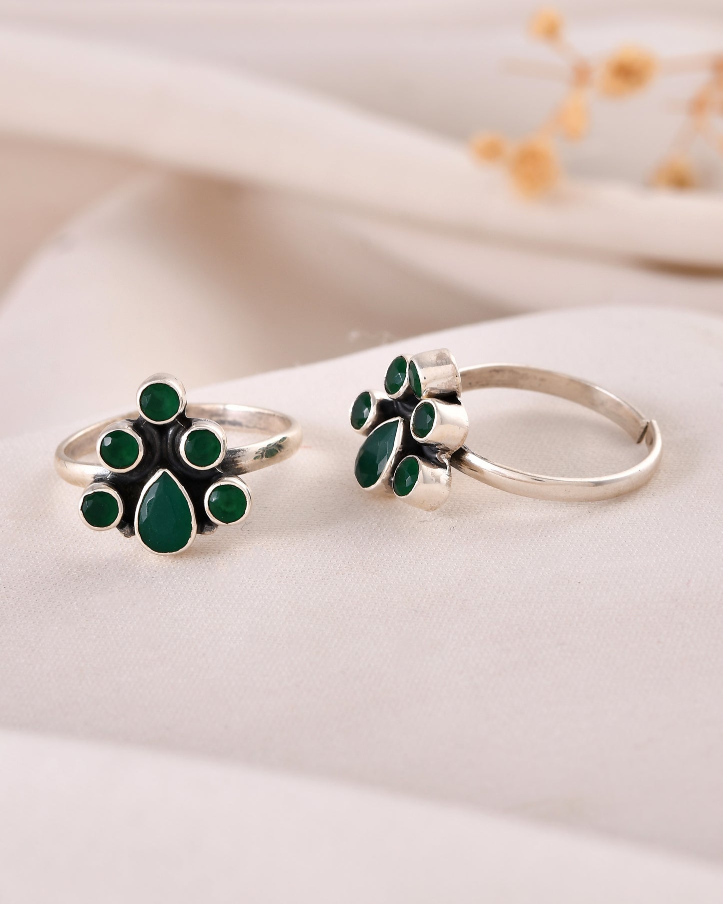 925 Sterling Silver Green Stone Cluster Toe Rings – Adjustable Tribal Jewelry