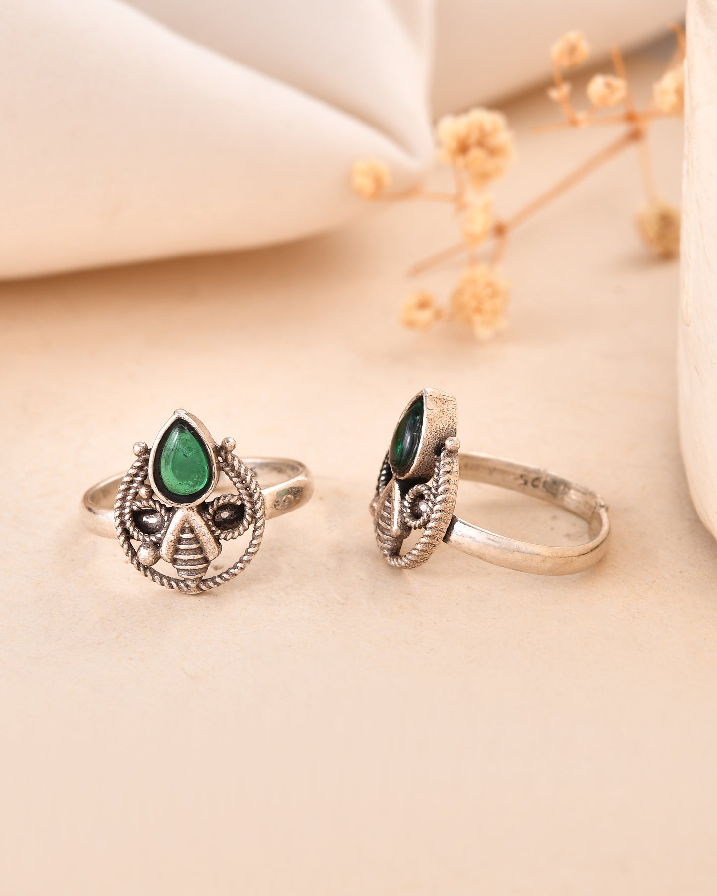925 Sterling Silver Green Stone Teardrop Toe Rings – Adjustable Tribal Design