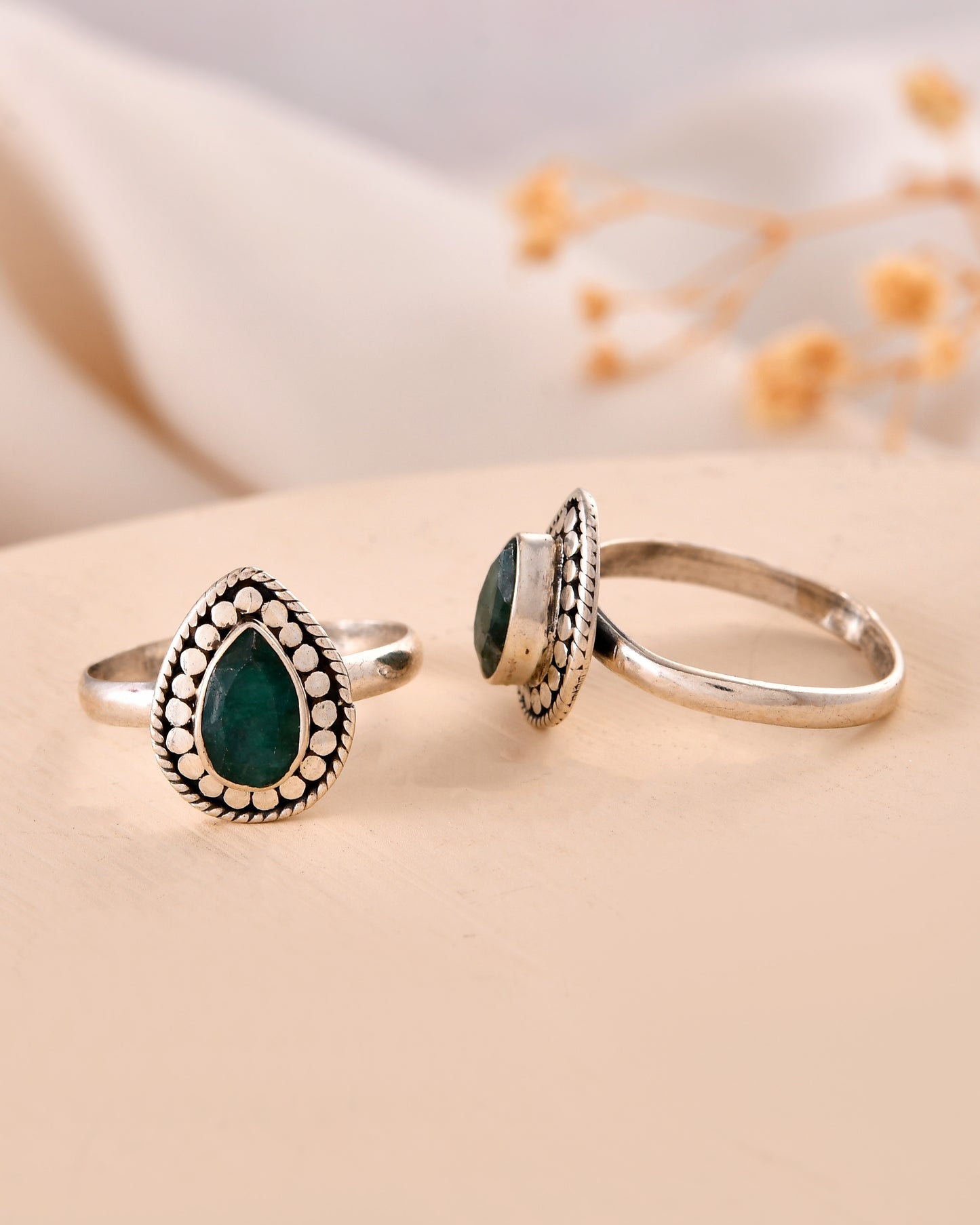 925 Silver Teardrop Green Stone Toe Rings – Adjustable Ethnic Foot Jewelry