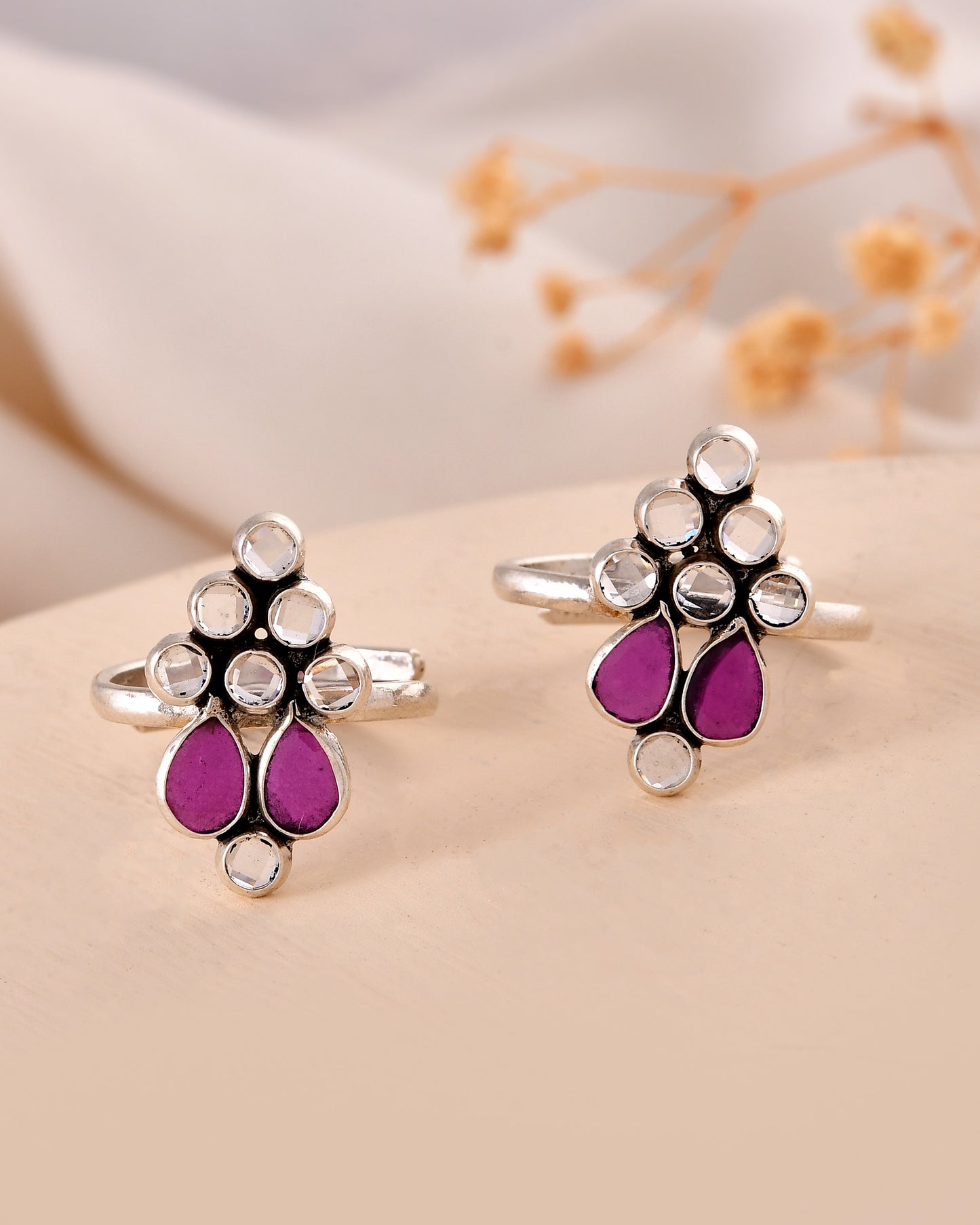 Purple Stone Floral Silver Toe Ring Pair – Adjustable Ethnic Jewelry