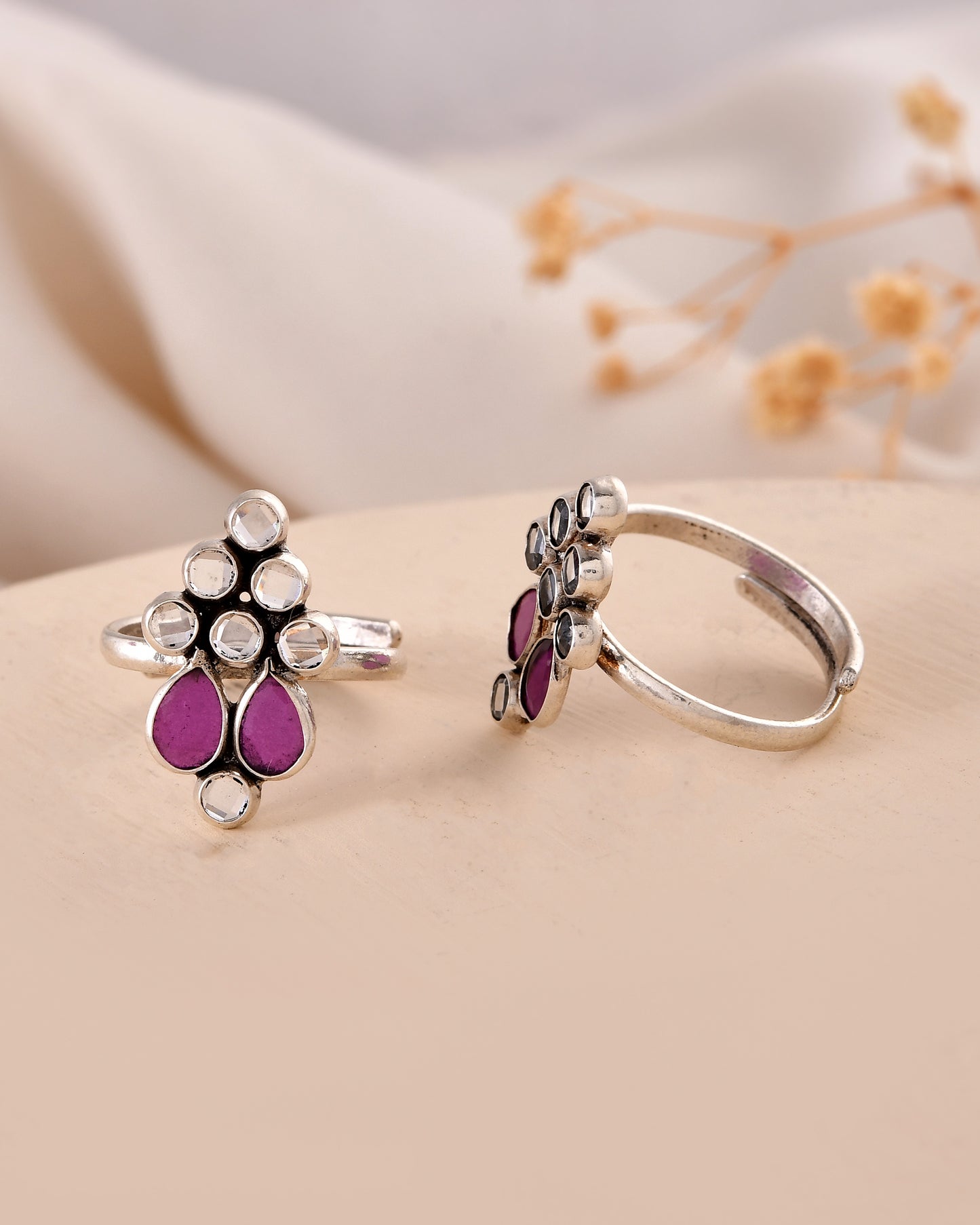 Purple Stone Floral Silver Toe Ring Pair – Adjustable Ethnic Jewelry