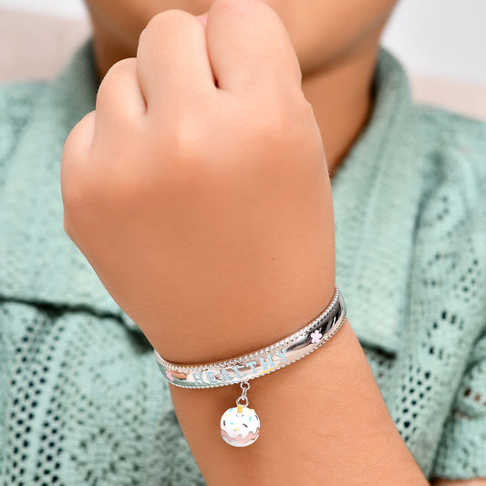 925 Sterling Silver “Healthy” Letter Bangle with Dangling Birthday Cake Charm – Adjustable Kids Bracelet