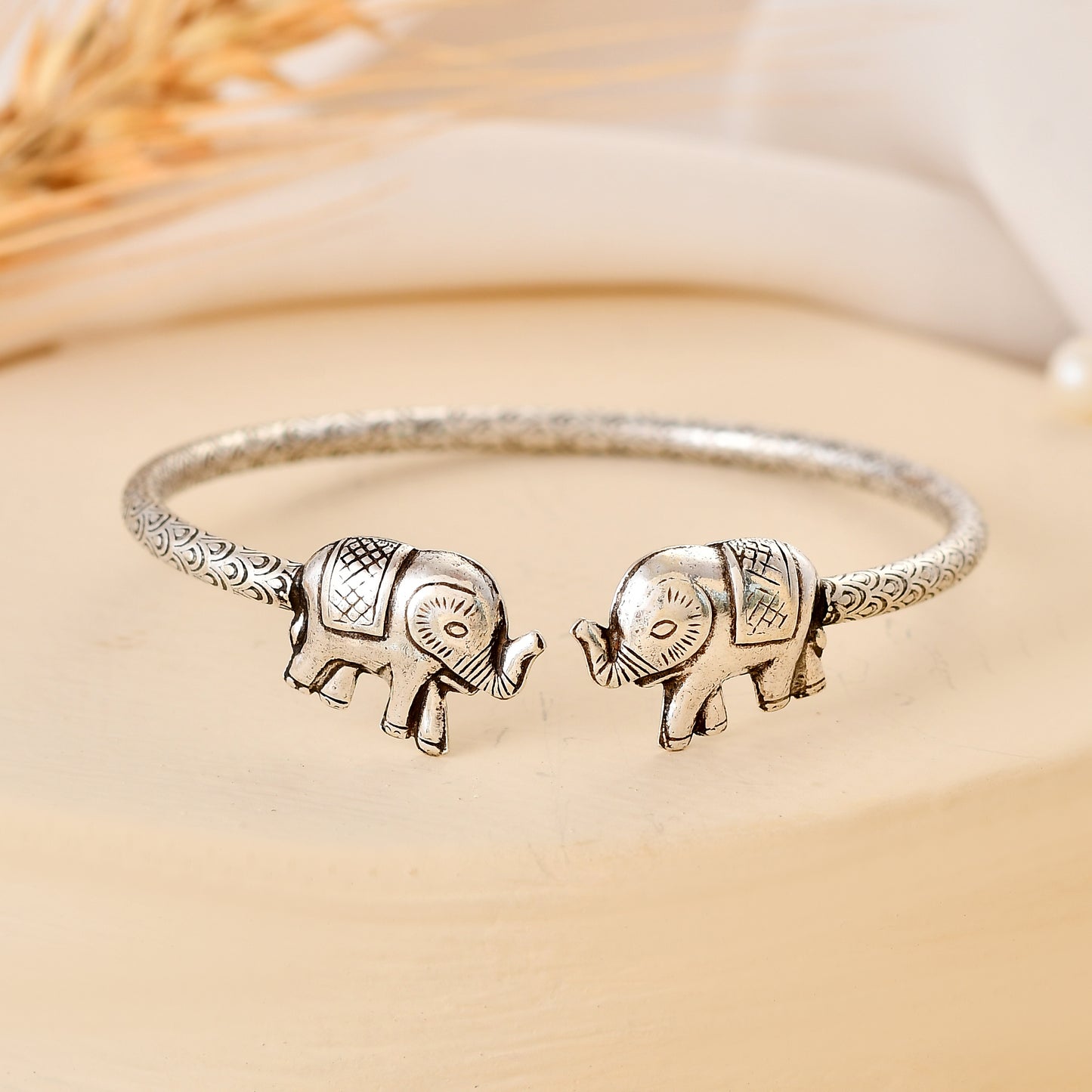 925 Oxidised Sterling Silver Elephant-Head Kids Kada Cuff Bracelet – Adjustable Tribal Bangle