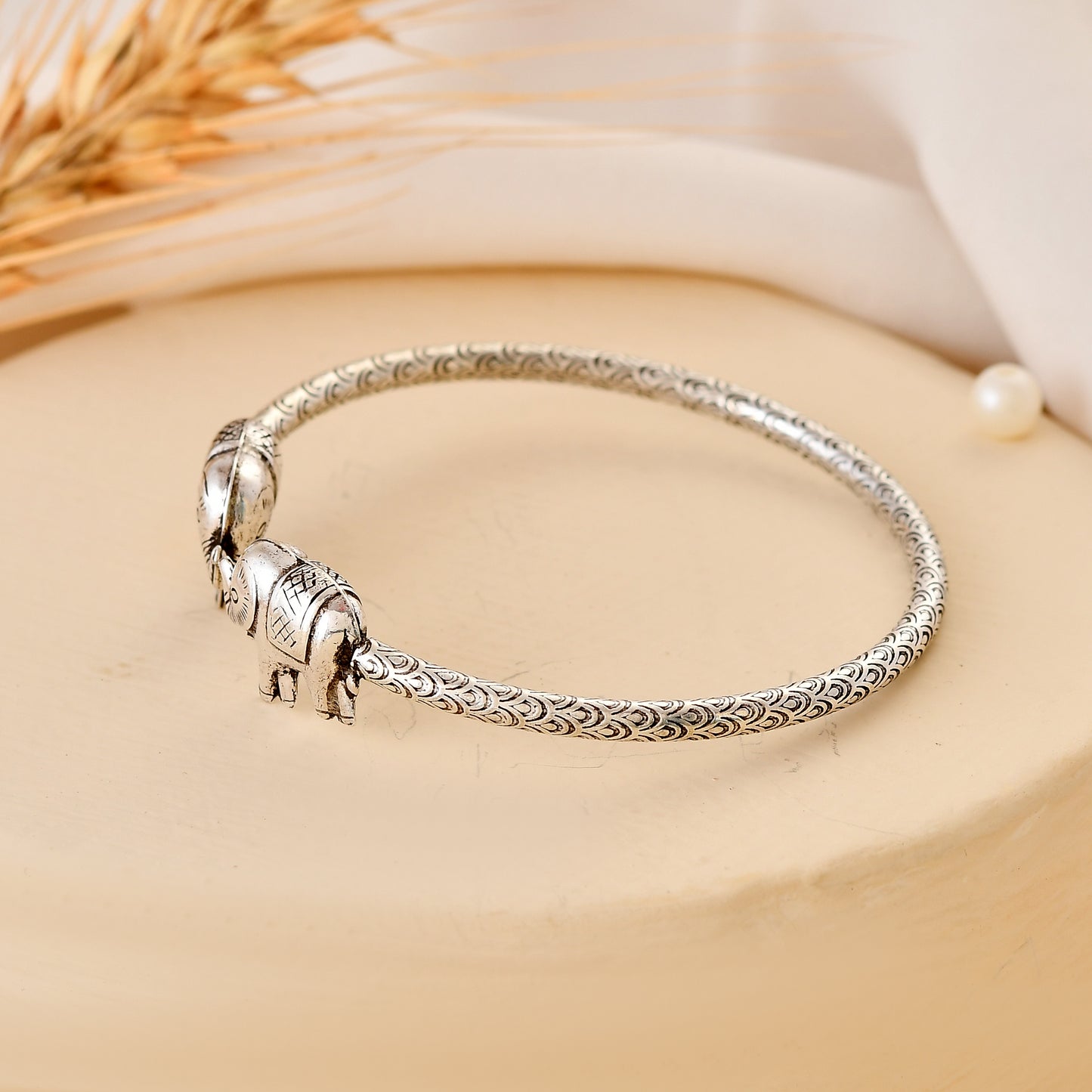925 Oxidised Sterling Silver Elephant-Head Kids Kada Cuff Bracelet – Adjustable Tribal Bangle