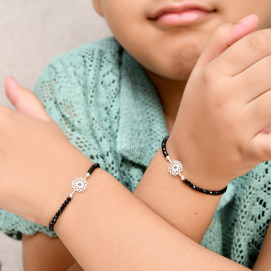 Pair of 925 Sterling Silver Lotus-Charm Black Bead Nazariya Bracelets – Adjustable Evil-Eye Protection Set