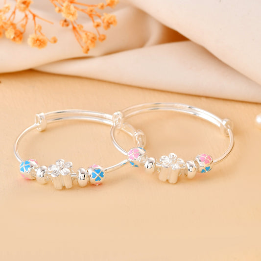 Blossom-Mosaic Sterling-Silver Baby Bangle Set | Adjustable Kada with Pink-Blue Enamel Beads