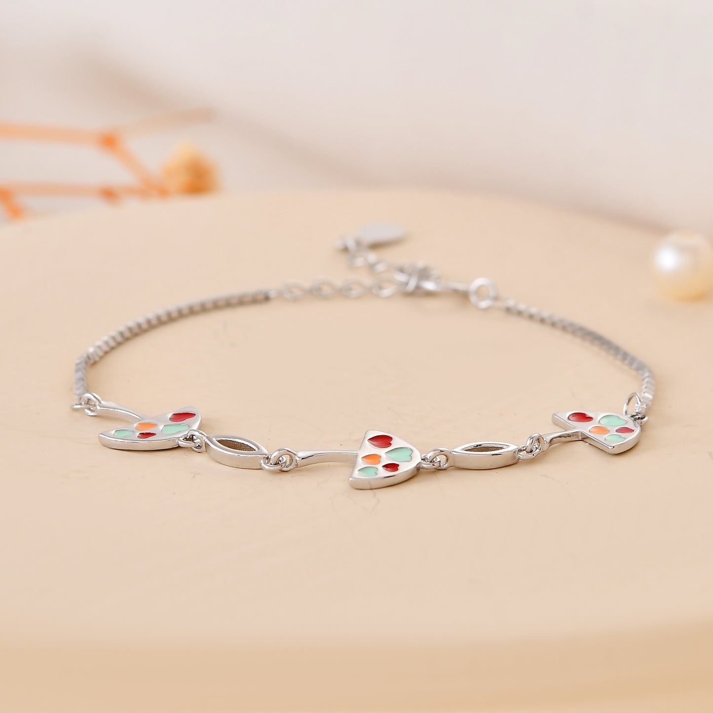 925 Sterling Silver Watermelon-Slice Heart Charm Bracelet – Adjustable Kids Chain