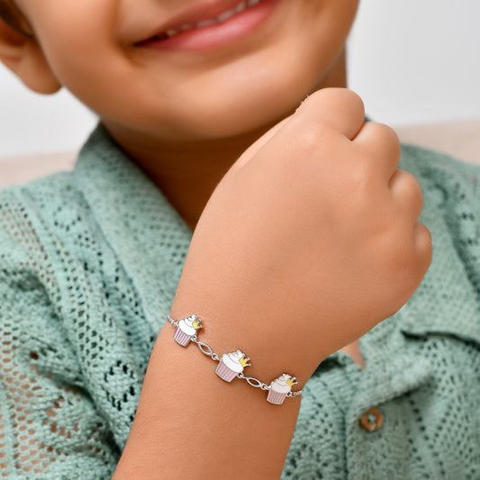 925 Sterling Silver Cupcake-Crown Charm Bracelet – Adjustable Kids Chain