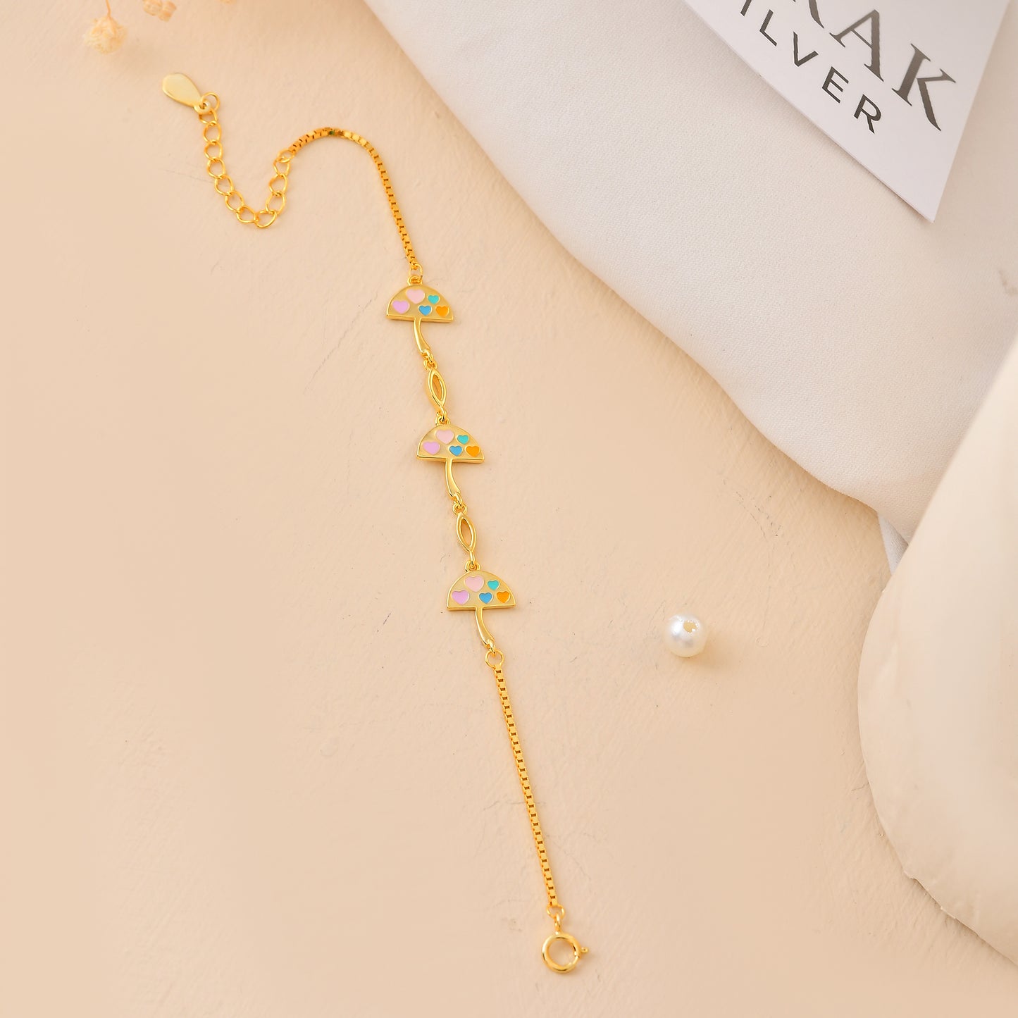 Gold-Plated 925 Sterling Silver Watermelon-Slice Heart Charm Bracelet – Adjustable Kids Chain