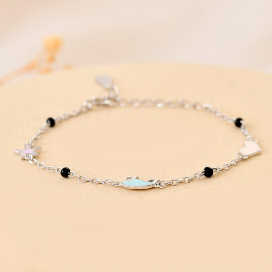 Star-Fish-Heart Sterling-Silver Nazariya Bracelet | Pastel Charms & Black Beads