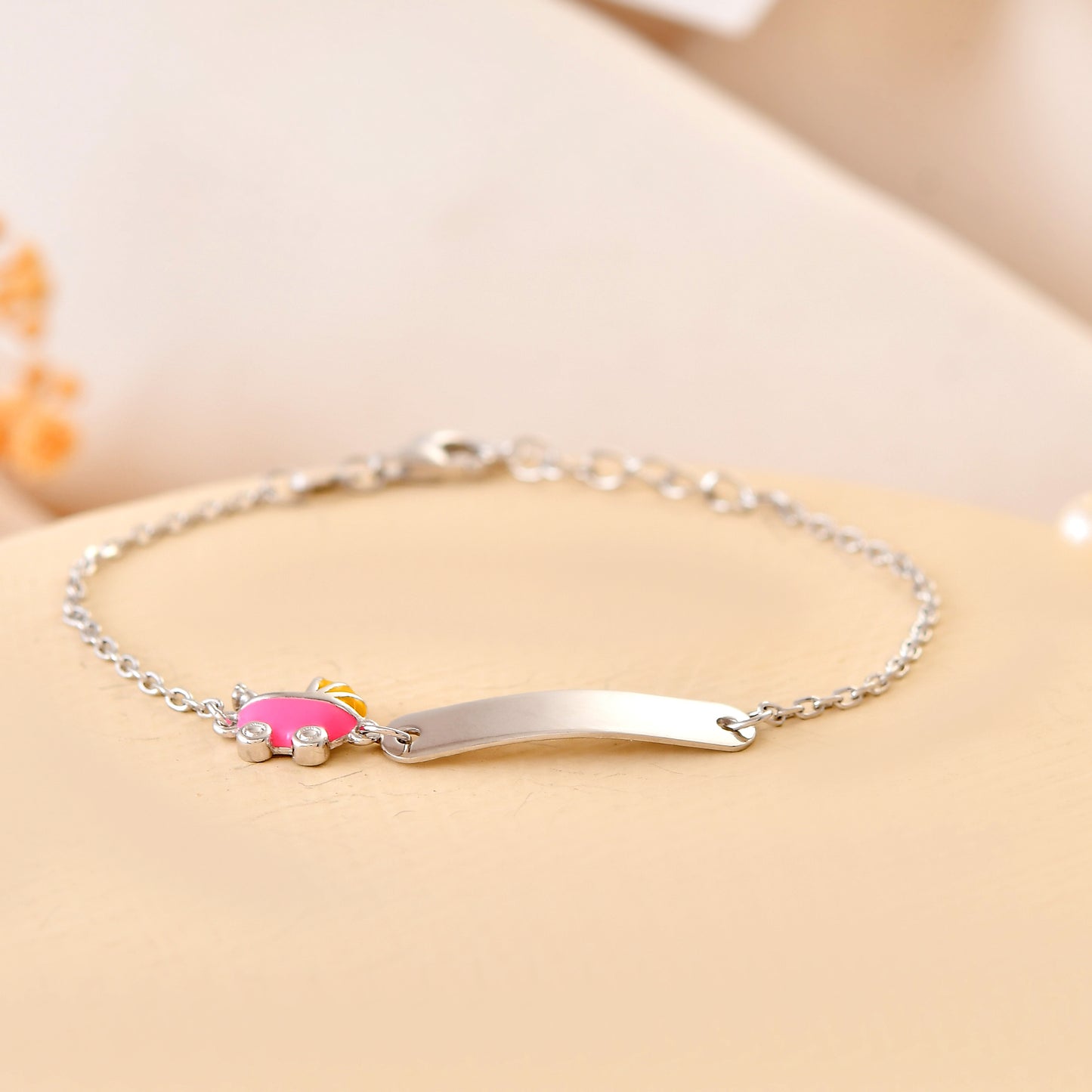 Baby-Pram Sterling-Silver ID Bracelet | Engravable Name Plate & Adjustable Chain