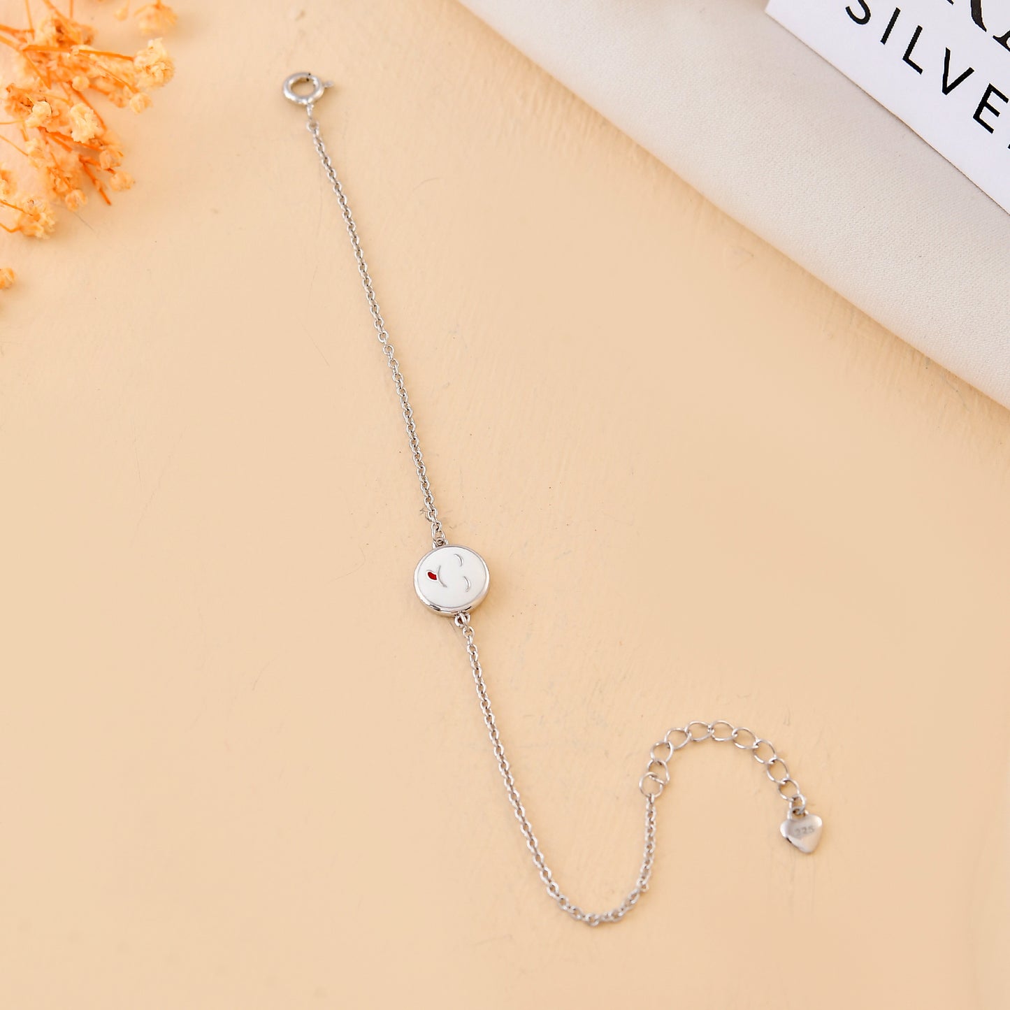 Happy-Moji Sterling-Silver Kids Bracelet | Adjustable Chain & White Enamel Smile Charm
