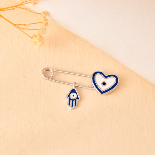 Sterling Silver Heart-Evil-Eye & Hamsa Safety-Pin Brooch – Baby Nazar Protection Pin