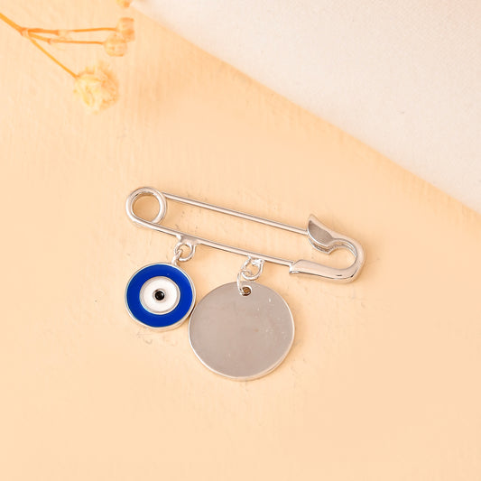 Sterling Silver Evil-Eye Safety-Pin Brooch – Engravable Disc Baby/Nazar Protection Pin