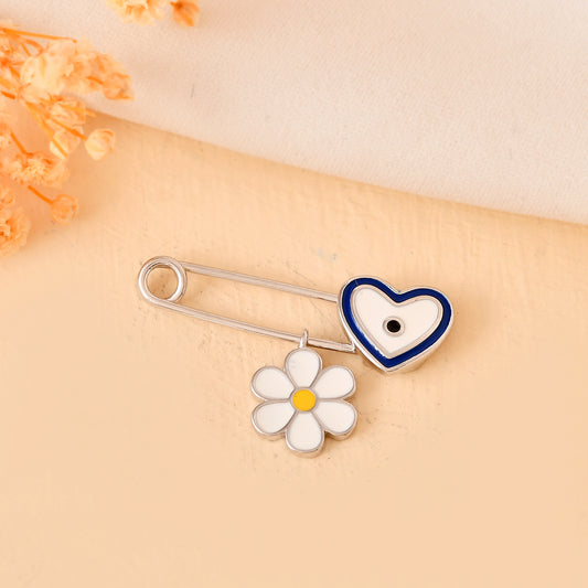Sterling Silver Heart-Evil-Eye & Daisy Safety-Pin Brooch – Nazar Protection Pin for Baby Girls