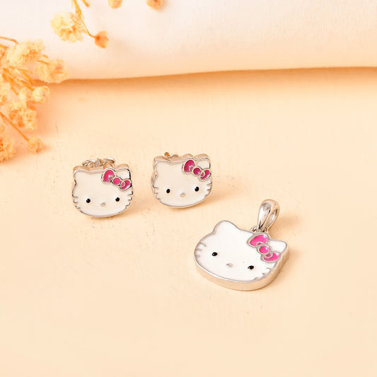 Cute Kitty-Face Sterling-Silver Pendant & Stud Earrings Set | White Enamel with Pink Bow
