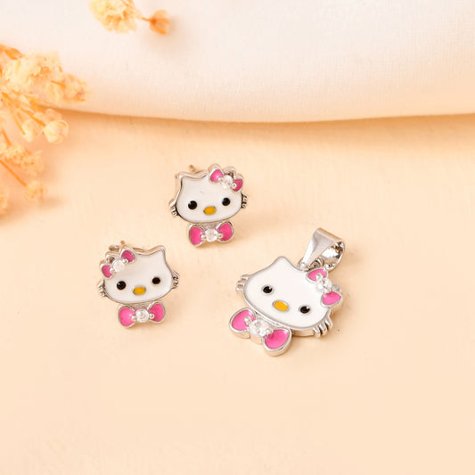 Bow-Kitty Sterling-Silver Pendant & Stud Set | White Enamel Face with Pink Bow-Tie