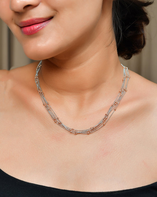 Two-Tone Sterling Silver & Rose-Gold Bead Multi-Strand Layered Necklace – Adjustable 16-18 in