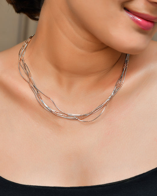 Two-Tone Sterling Silver & Rose-Gold Tube-Bead Multi-Strand Necklace – Adjustable 16-18 in
