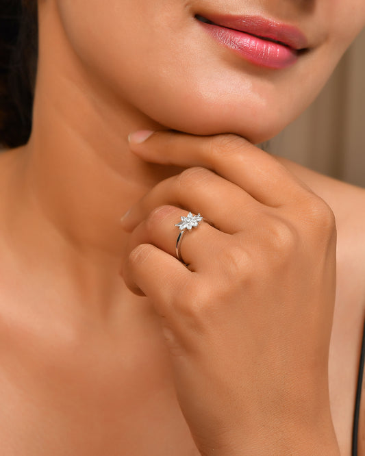 Sterling Silver Daisy Flower Ring – Marquise-Cut CZ Cluster Engagement / Promise Band