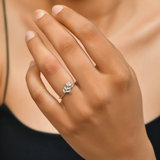 Sterling Silver Leaf Branch Ring with Marquise-Cut CZ – Adjustable Vine Wrap Band