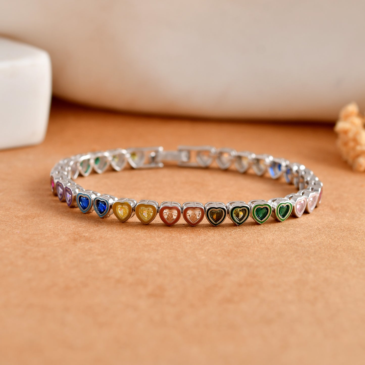 Rainbow-Heart Tennis Sterling-Silver Bracelet | Multicolour Enamel Chain