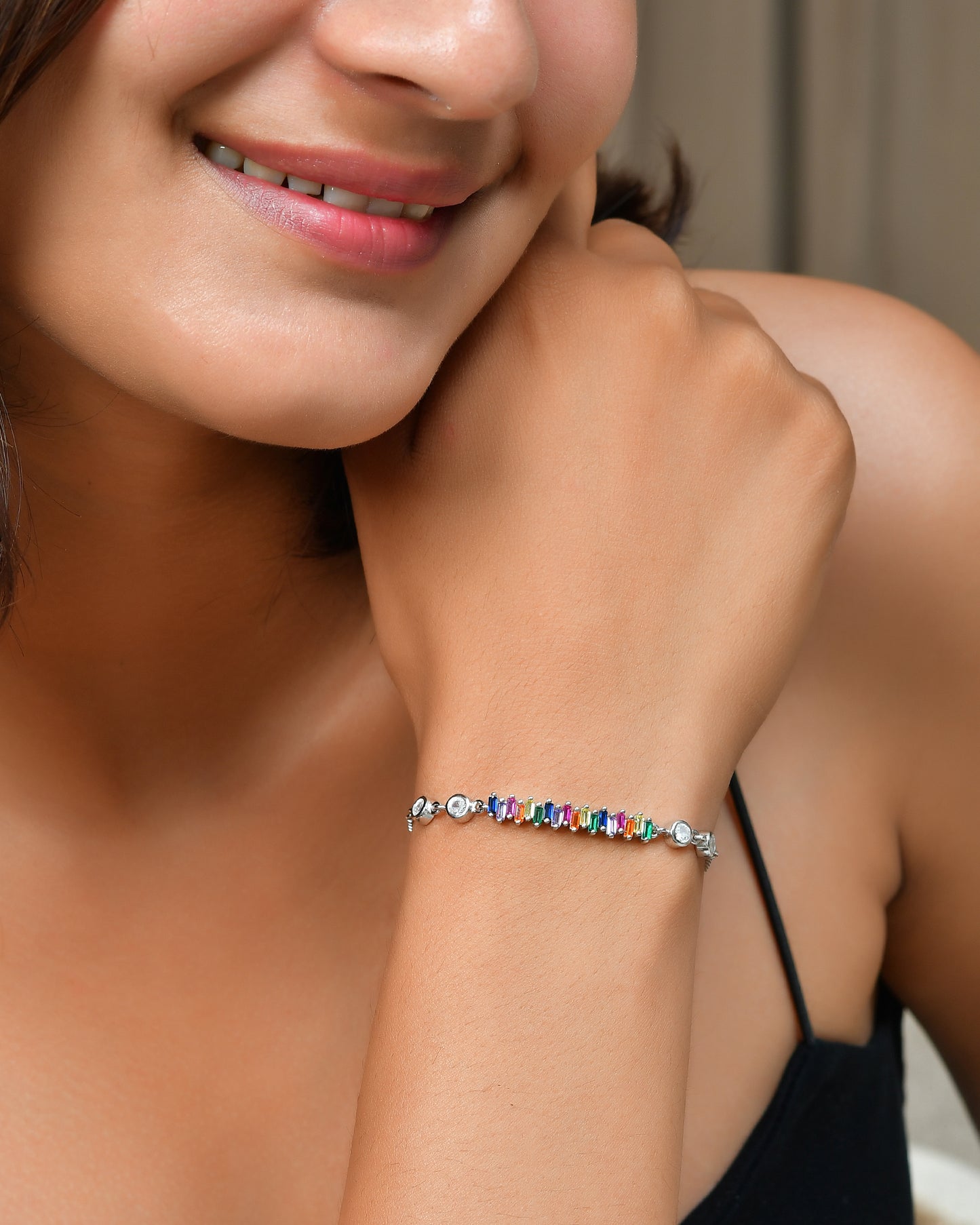 Rainbow-Baguette Bar Sterling-Silver Bolo Bracelet | Adjustable CZ Slider Chain