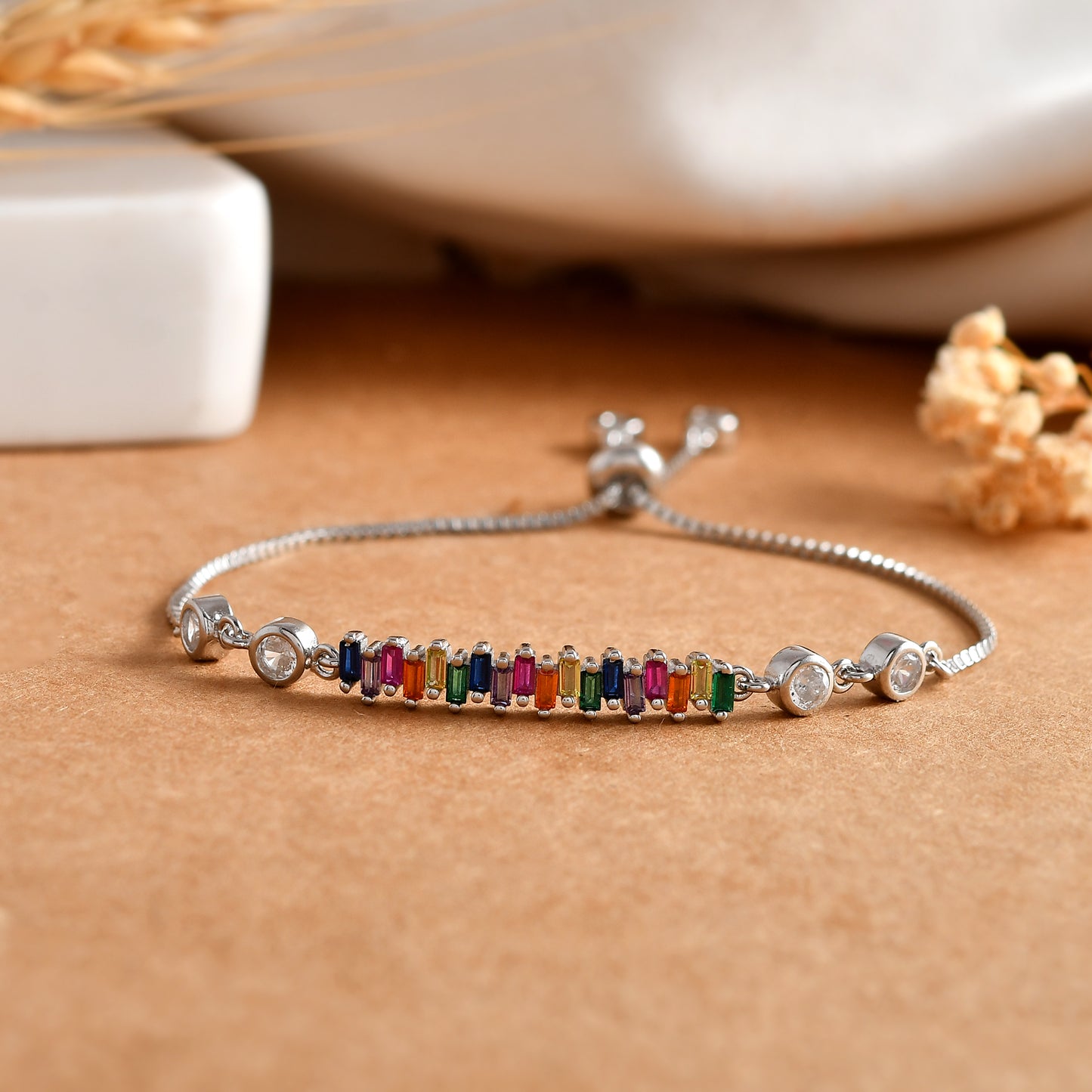 Rainbow-Baguette Bar Sterling-Silver Bolo Bracelet | Adjustable CZ Slider Chain