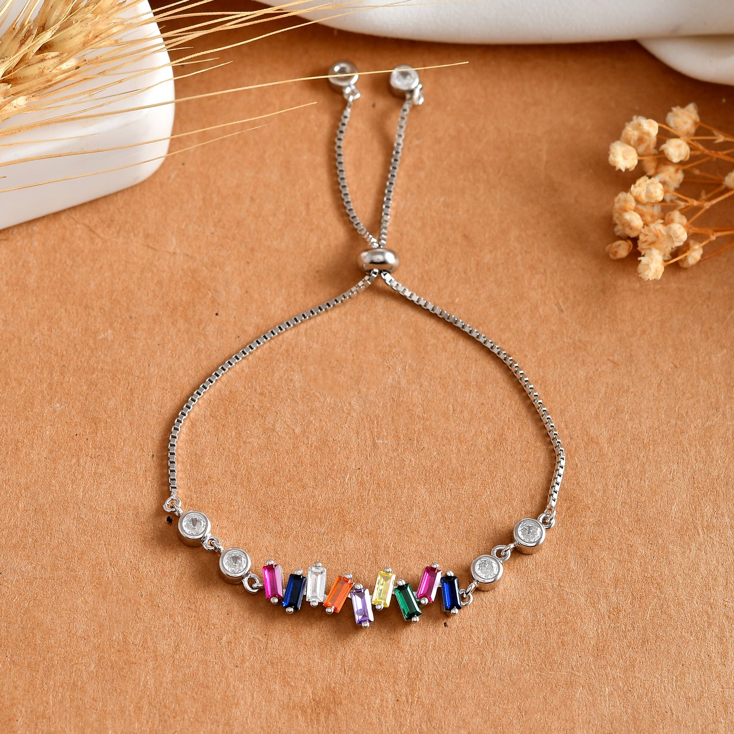 Adjustable Rainbow Baguette CZ Bolo Bracelet in 925 Sterling Silver with Bezel Accents