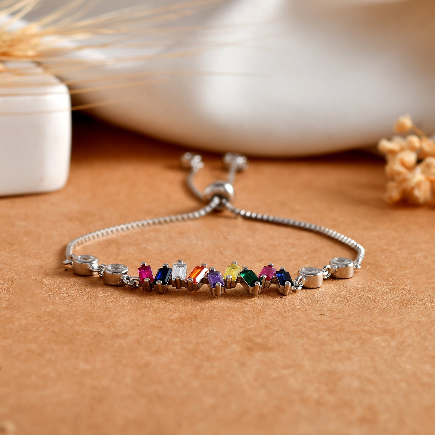 Adjustable Rainbow Baguette CZ Bolo Bracelet in 925 Sterling Silver with Bezel Accents