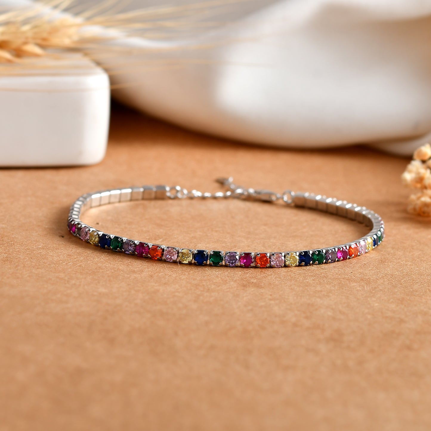 Rainbow Tennis Bracelet in 925 Sterling Silver – Adjustable CZ Spectrum Line