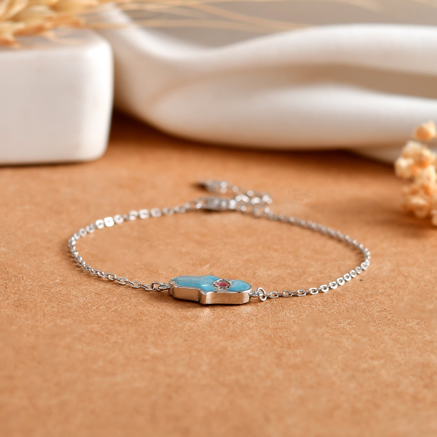 Sterling Silver Turquoise Hamsa Evil-Eye Bracelet – Dainty Protection Charm for Everyday Wear