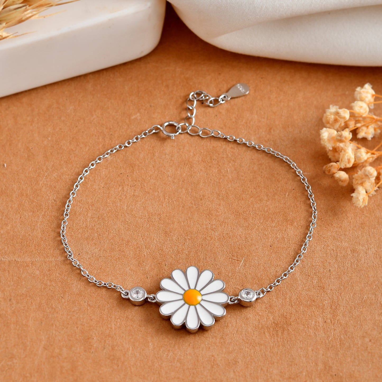 Sterling Silver Daisy Flower Bracelet – White Enamel Blossom & Cubic Zirconia Accents