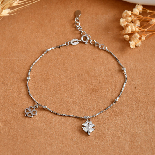 Lucky Clover Sterling-Silver Charm Bracelet | Box-Chain with CZ Four-Leaf Drops