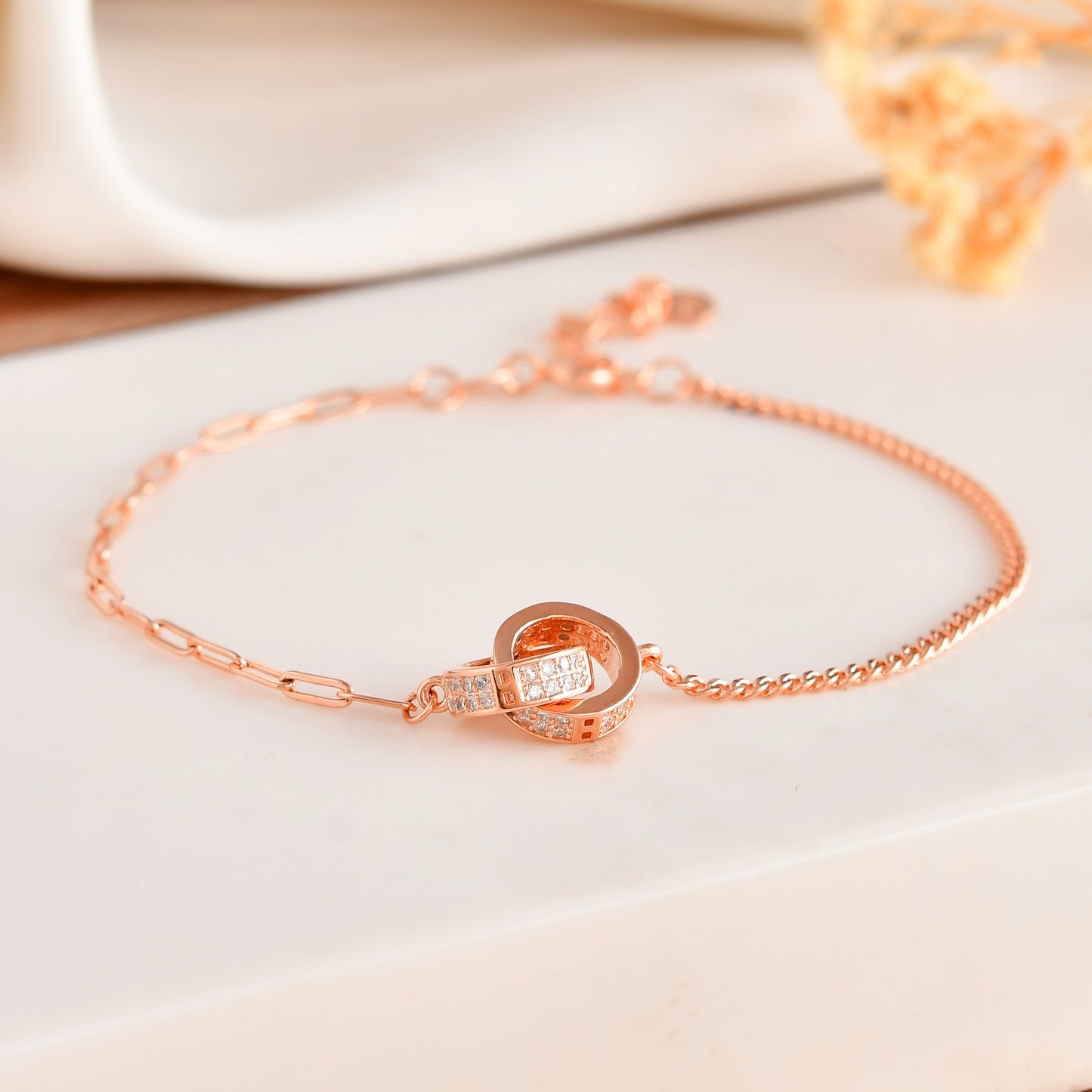 Rose-Gold Mixed-Chain Bracelet with CZ Interlocking Rings – 925 Sterling Silver, Adjustable