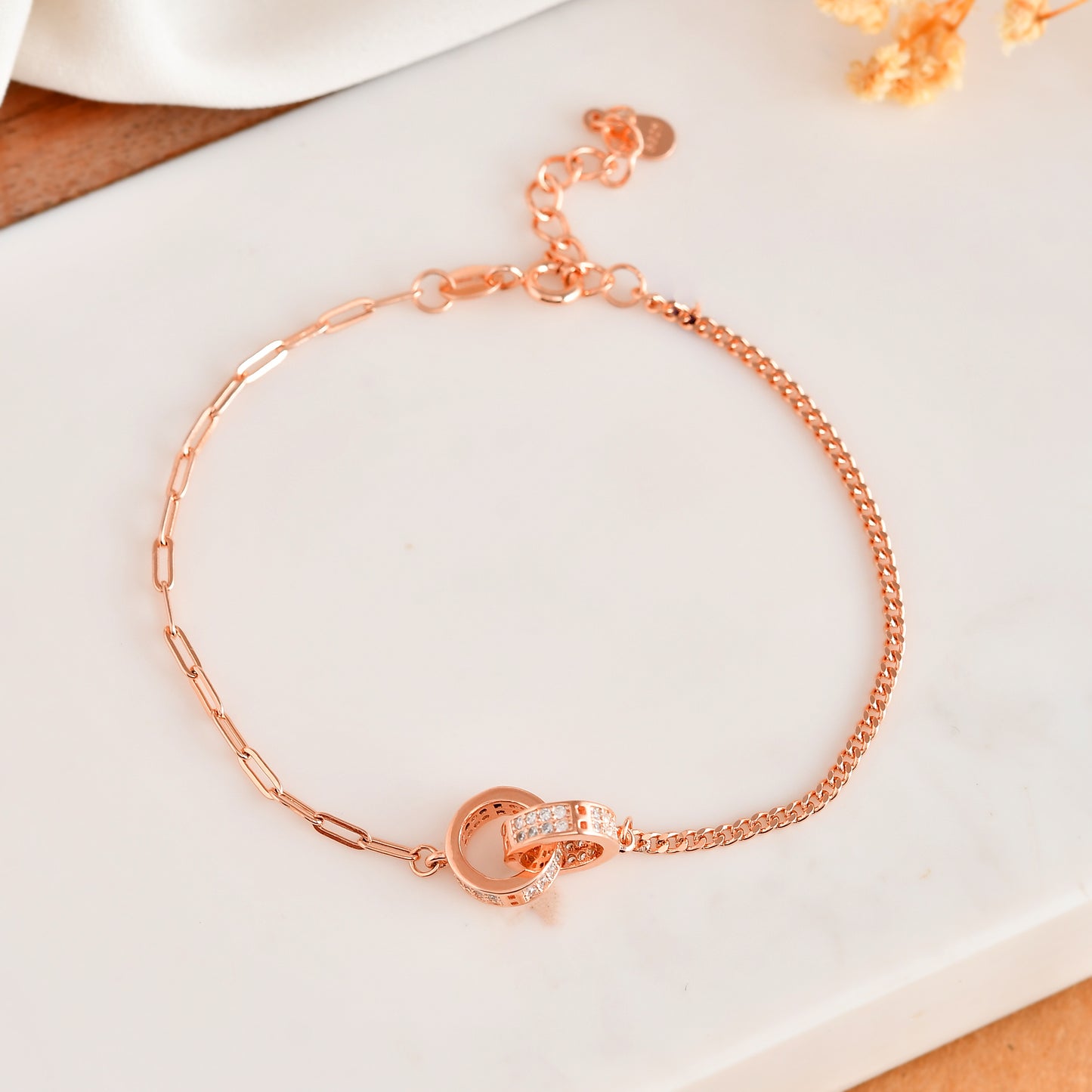 Rose-Gold Mixed-Chain Bracelet with CZ Interlocking Rings – 925 Sterling Silver, Adjustable
