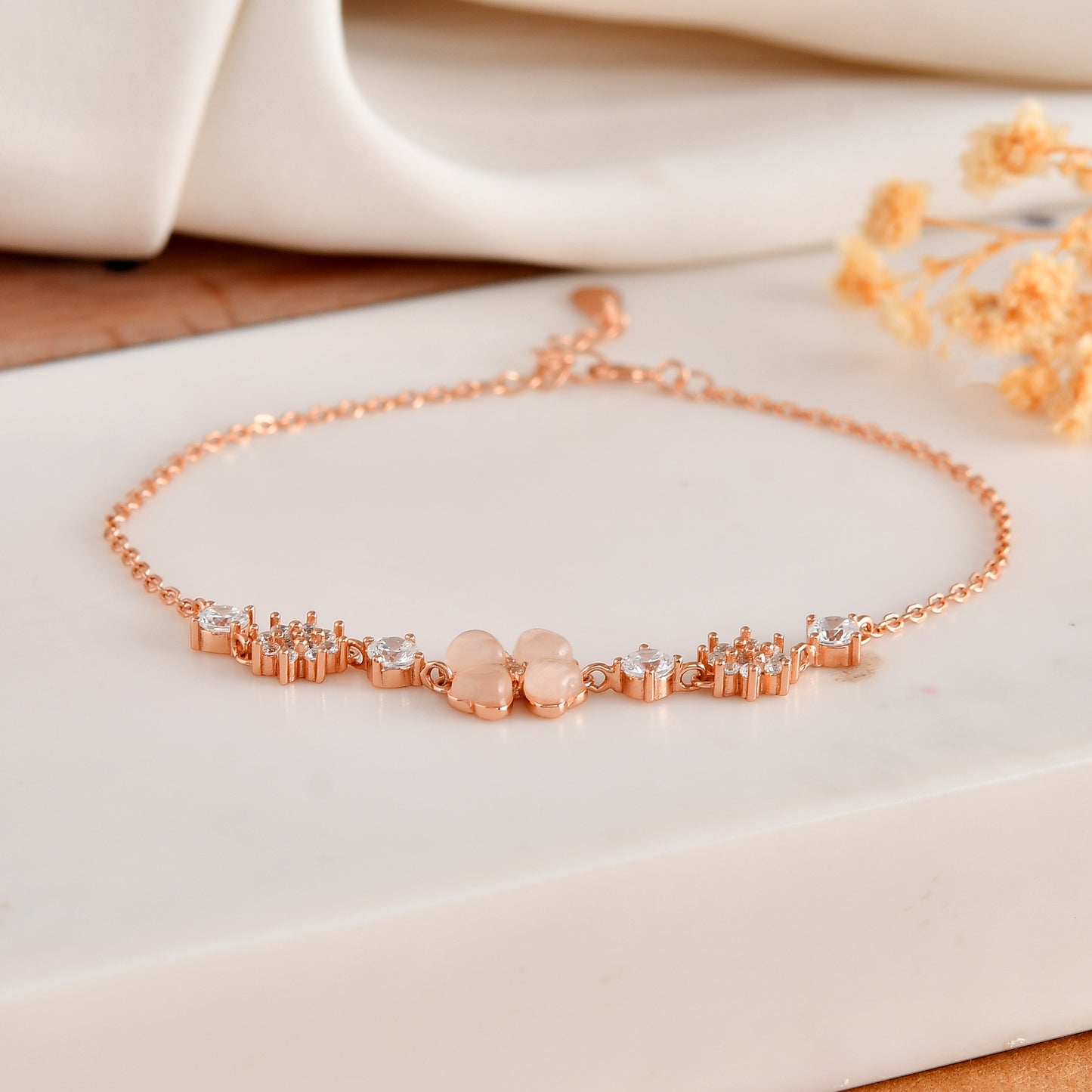 Rose Gold Mother-of-Pearl Clover & CZ Cluster Bracelet | 925 Sterling Silver