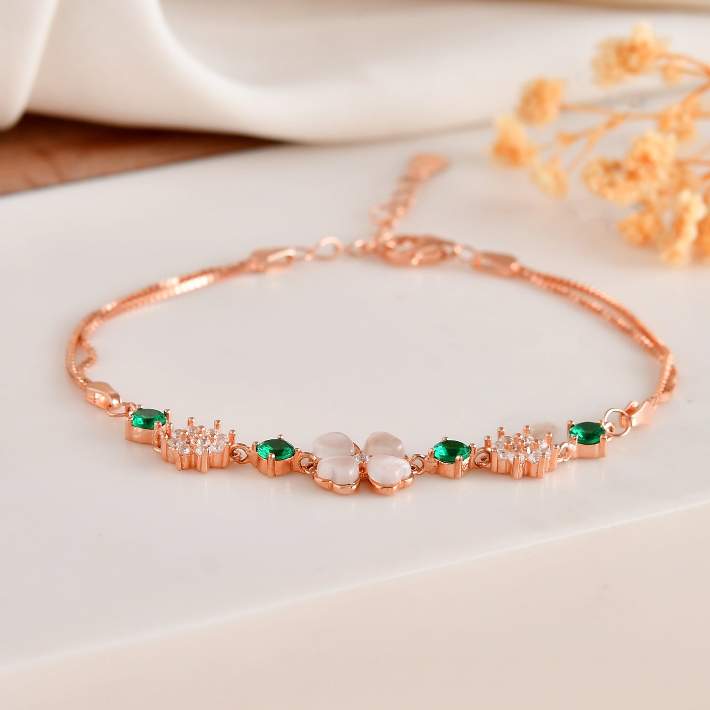 Rose Gold Clover Bracelet with Green CZ & Mother-of-Pearl Petals – 925 Sterling Silver
