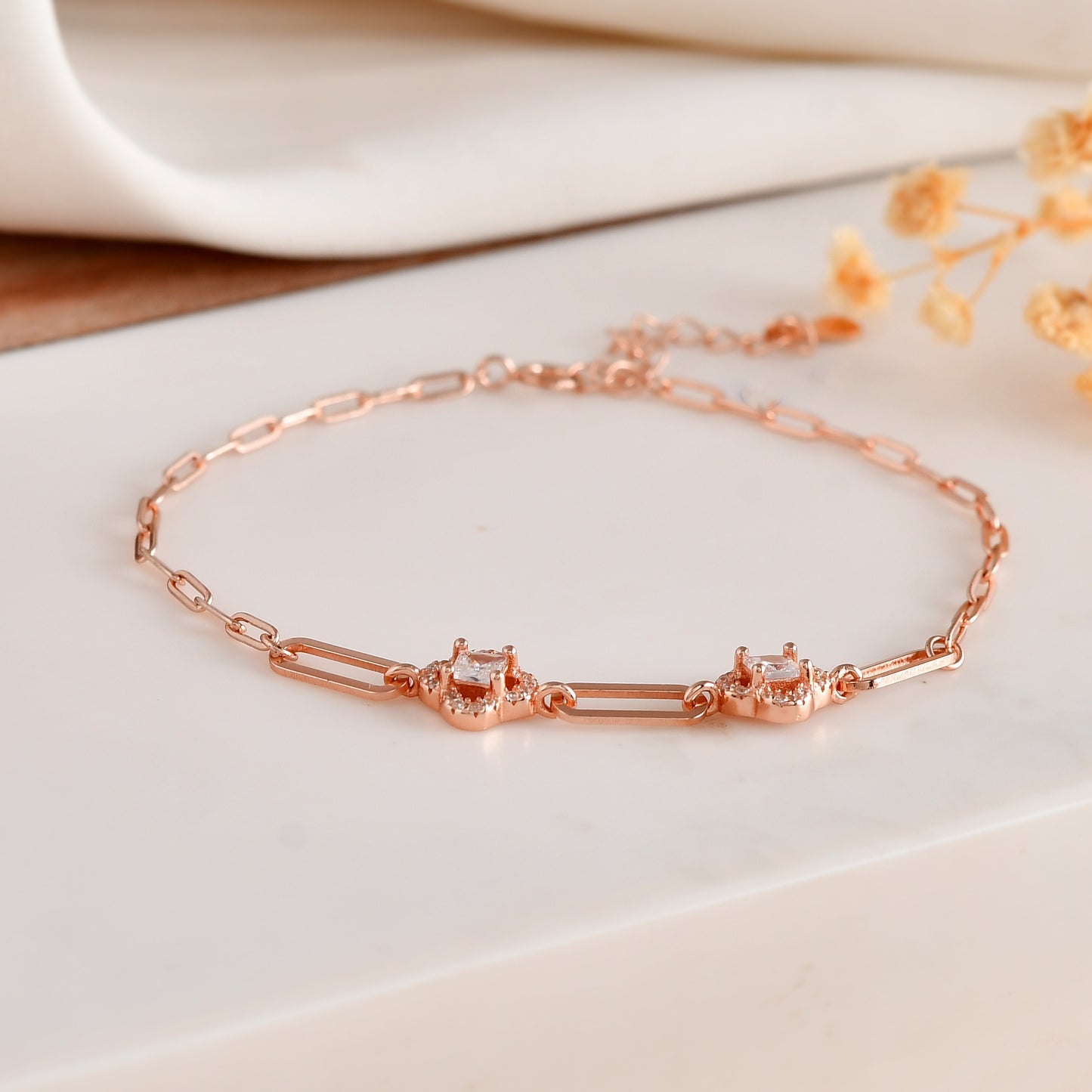 Rose Gold Paper-Clip Chain Bracelet with Cushion-Cut CZ Clover Halos | 925 Sterling Silver