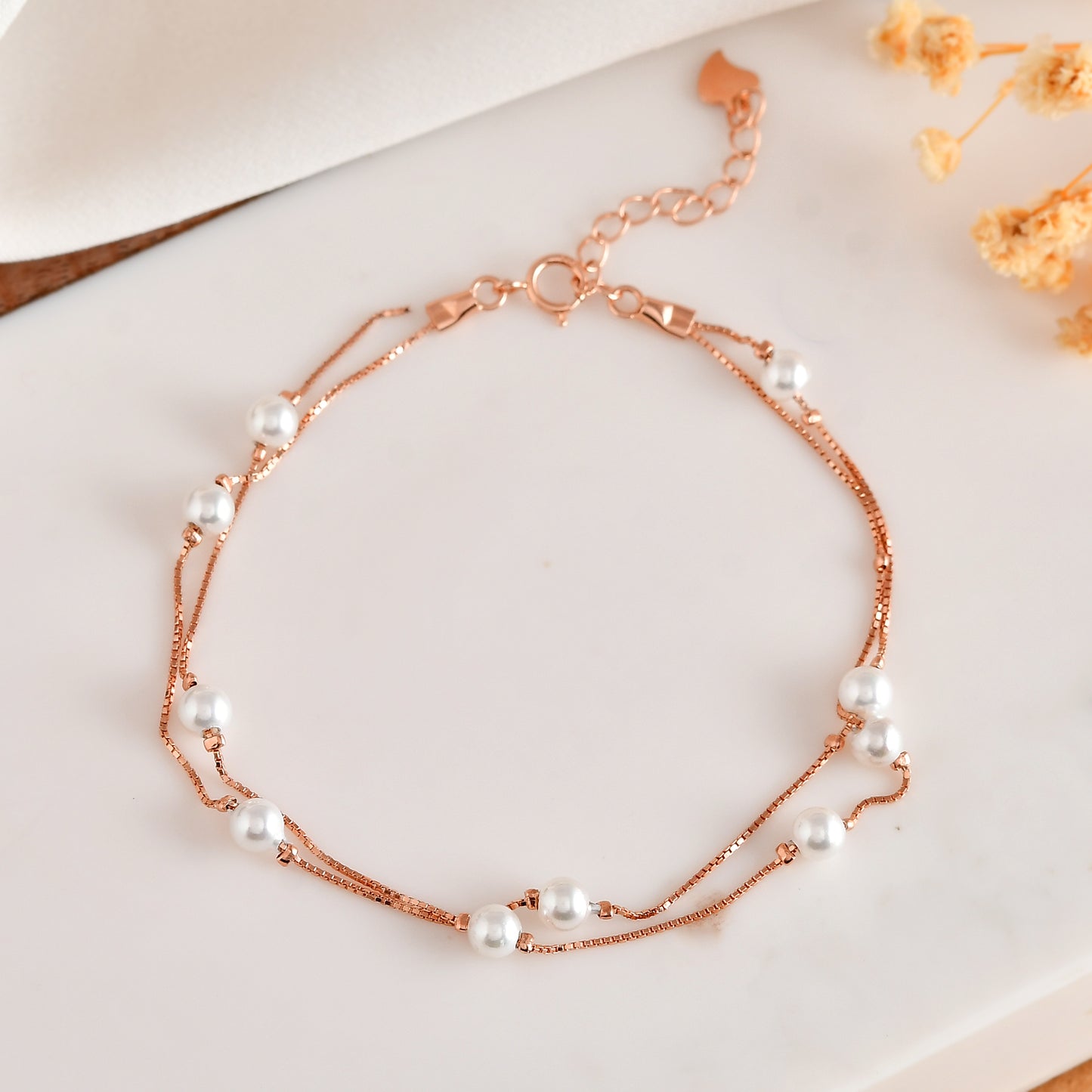 Layered Rose-Gold Pearl Station Bracelet | Double-Strand 925 Sterling Silver