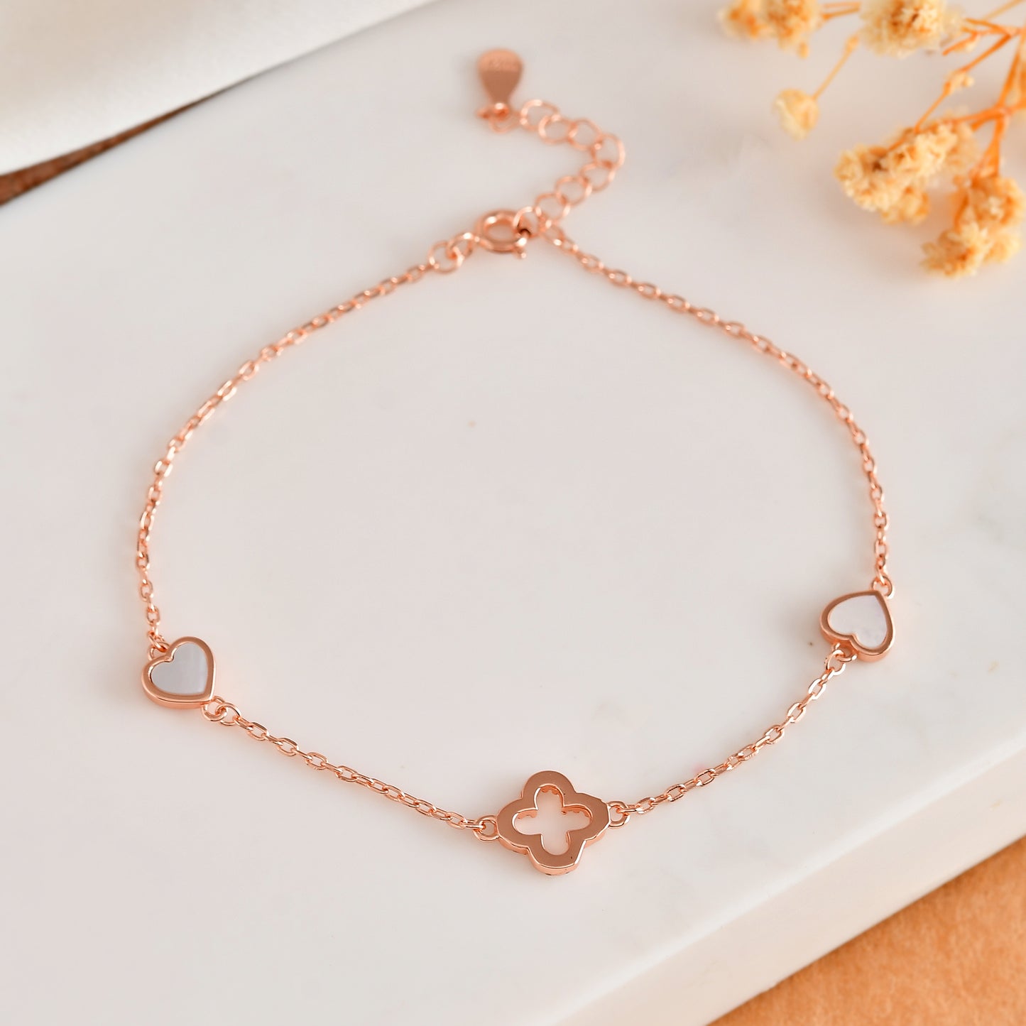 Rose-Gold Clover & Mother-of-Pearl Heart Bracelet | Dainty 925 Sterling Silver Station Chain