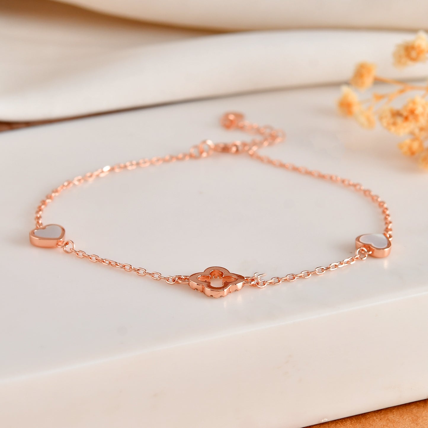 Rose-Gold Clover & Mother-of-Pearl Heart Bracelet | Dainty 925 Sterling Silver Station Chain