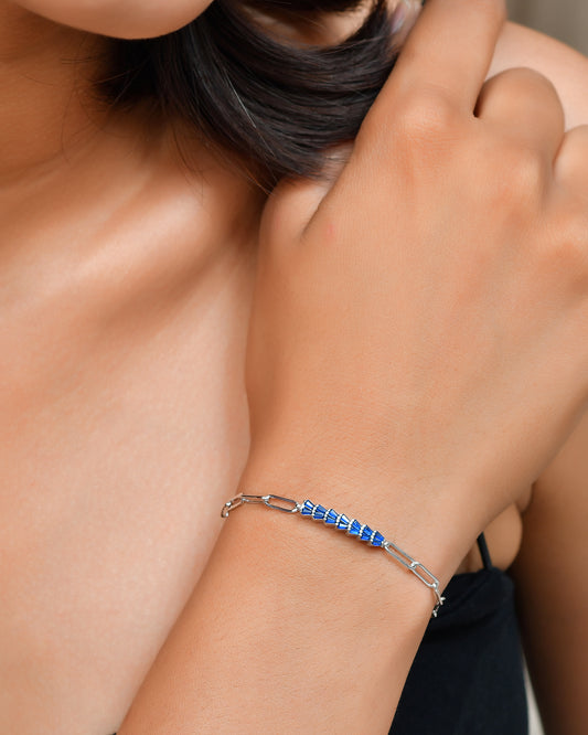 Blue-Baguette Bar Sterling-Silver Paperclip Bracelet | Adjustable Chain Link