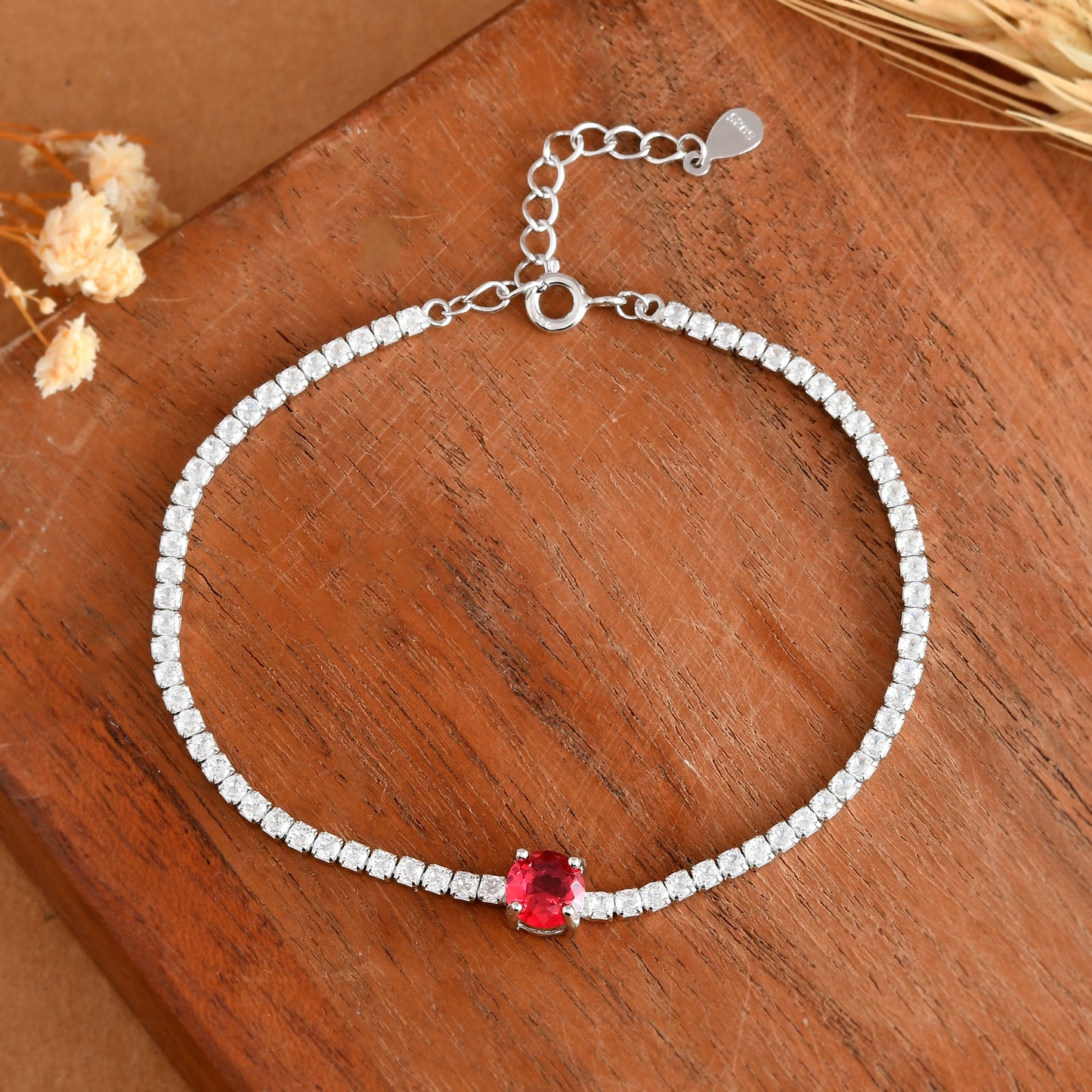 Sterling-Silver Tennis Bracelet with Red Ruby-Tone Center Stone