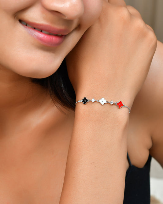 Sterling Silver Tricolor Clover & CZ Station Bracelet – Black, White & Red Enamel Flowers